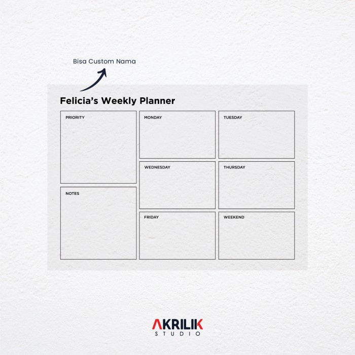 

Acrylic Weekly Planner Custom Nama Akrilik Wall Schedule Jadwal Minggu