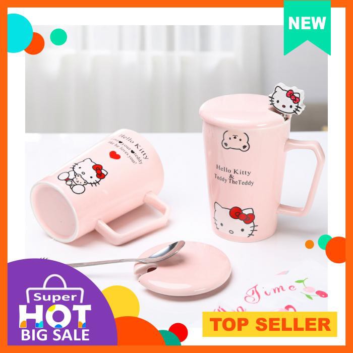 Gelas Sendok Tutup Set Keramik Karakter Hello Kitty