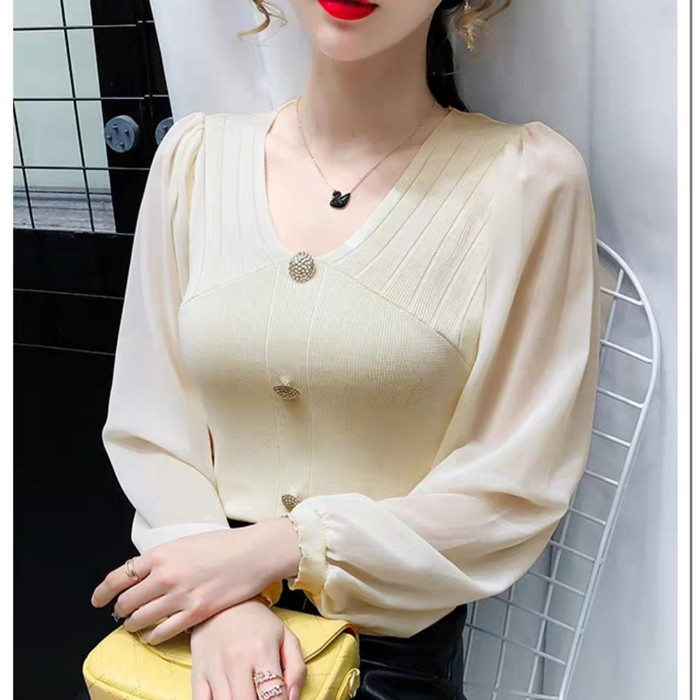 Zaza_Fashion Baju Atasan Wanita Terbaru 2021 Import Real Pict Blo EK549 Vanesa Knit Tops Lengan Pan