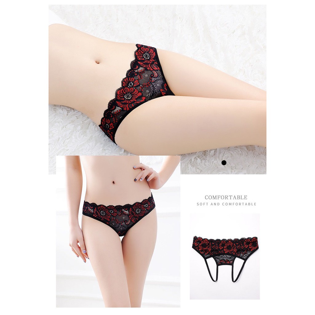 G-String Wanita Open Celana Dalam Sexy Hollow Lace Motif Lingerie c087