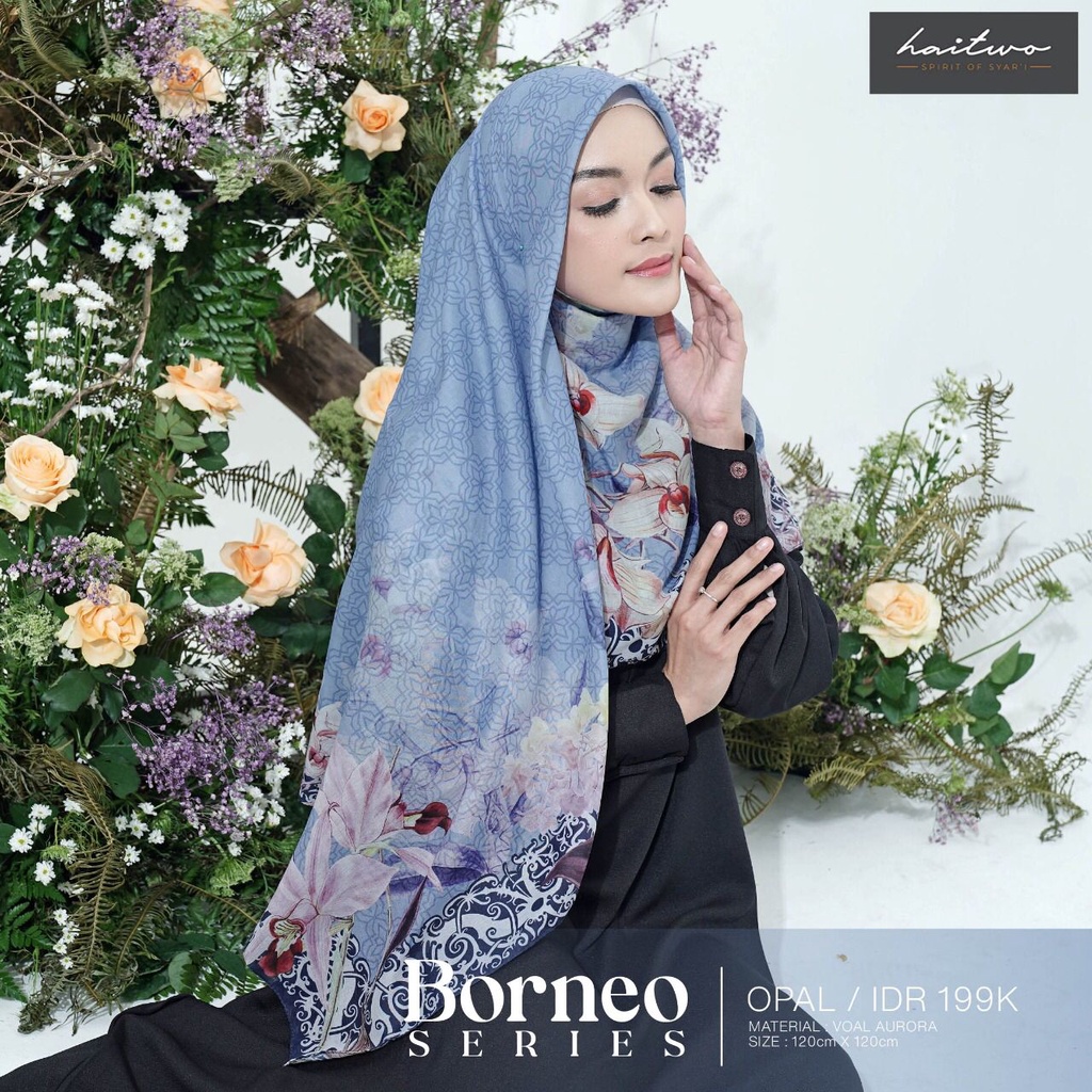 Haitwo Borneo Series Hijab Segi Empat Motif Bahan Voal Aurora Muslimah OOTD