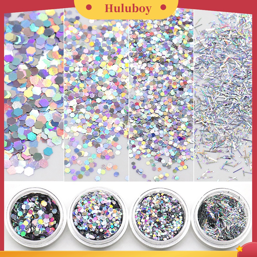 Huluboy Huluboy♡ 4 Kotak Payet Glitter Heksagonal Linear Untuk Dekorasi Nail Art Manicure