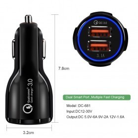 Car Charger Dual USB Port 3.1A QC3.0 Black, Chas mobil quick charge, fast charger mobil 2 / 3 Slot