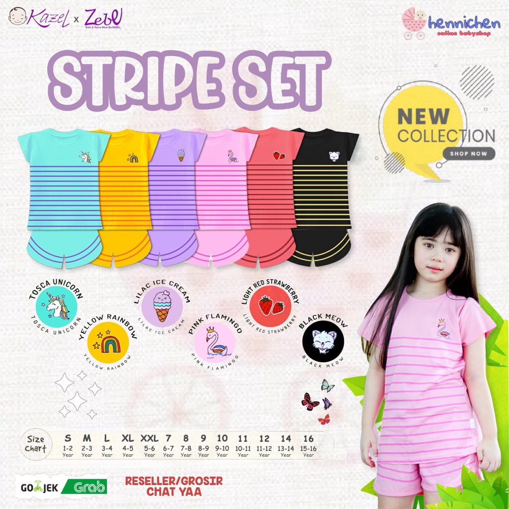 MURAH LEBAY Kazel x Zebe Stripe Set Girl Edition Setelan Baju Anak Perempuan Motif Garis  (1 - 16 tahun) Part 2