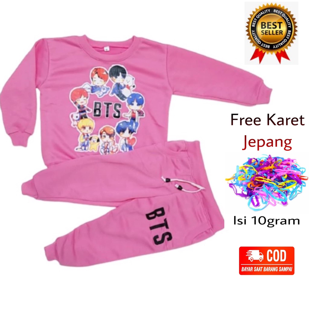 Setelan Baju Anak Perempuan Import Sablon BTS21 Umur 1-6 Tahun Set Pakaian Sweter Hoodie Celana Joge