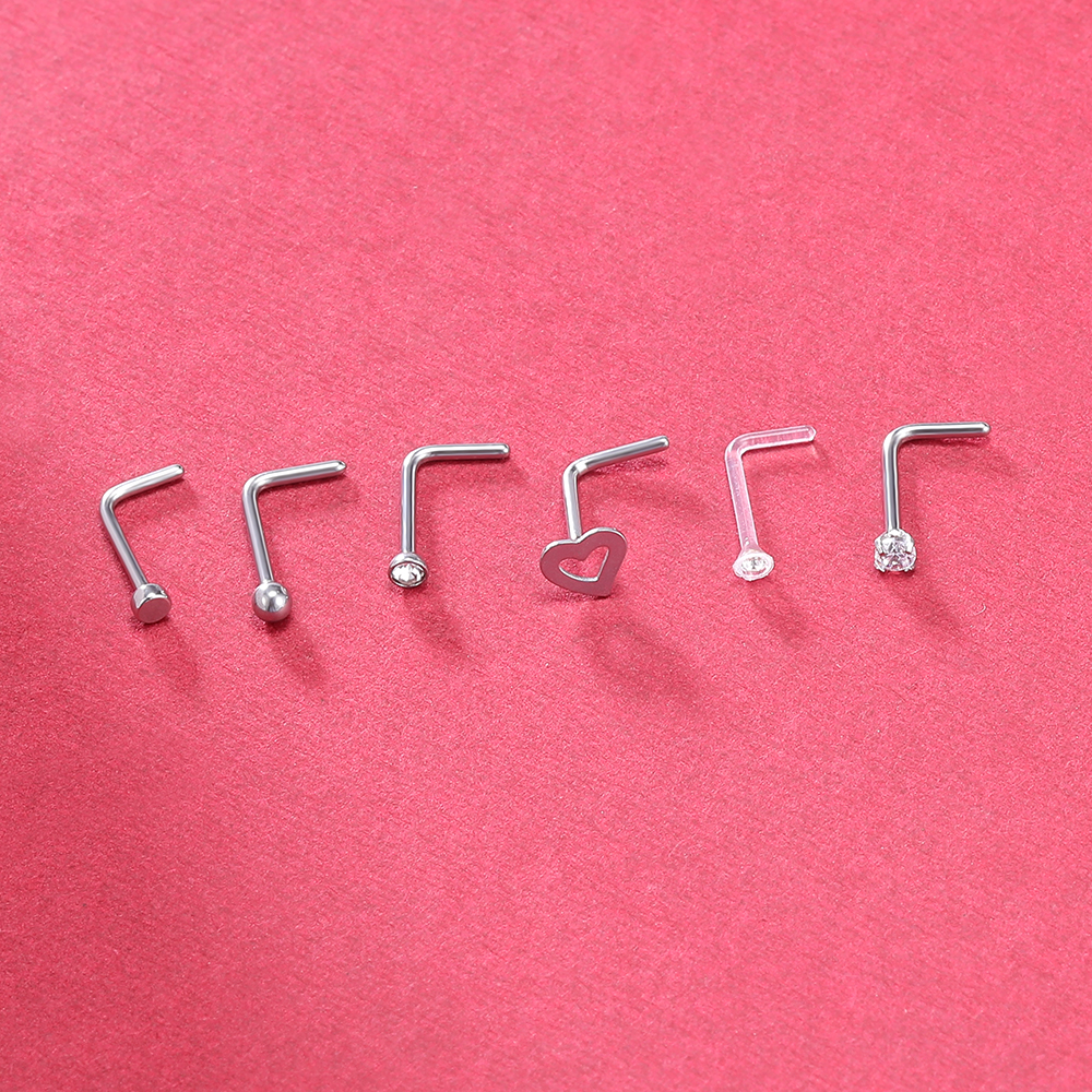 6pcs / Lot Anting Tindik Hidung / Telinga Bentuk L Bahan Stainless Steel 20g Hias Kristal