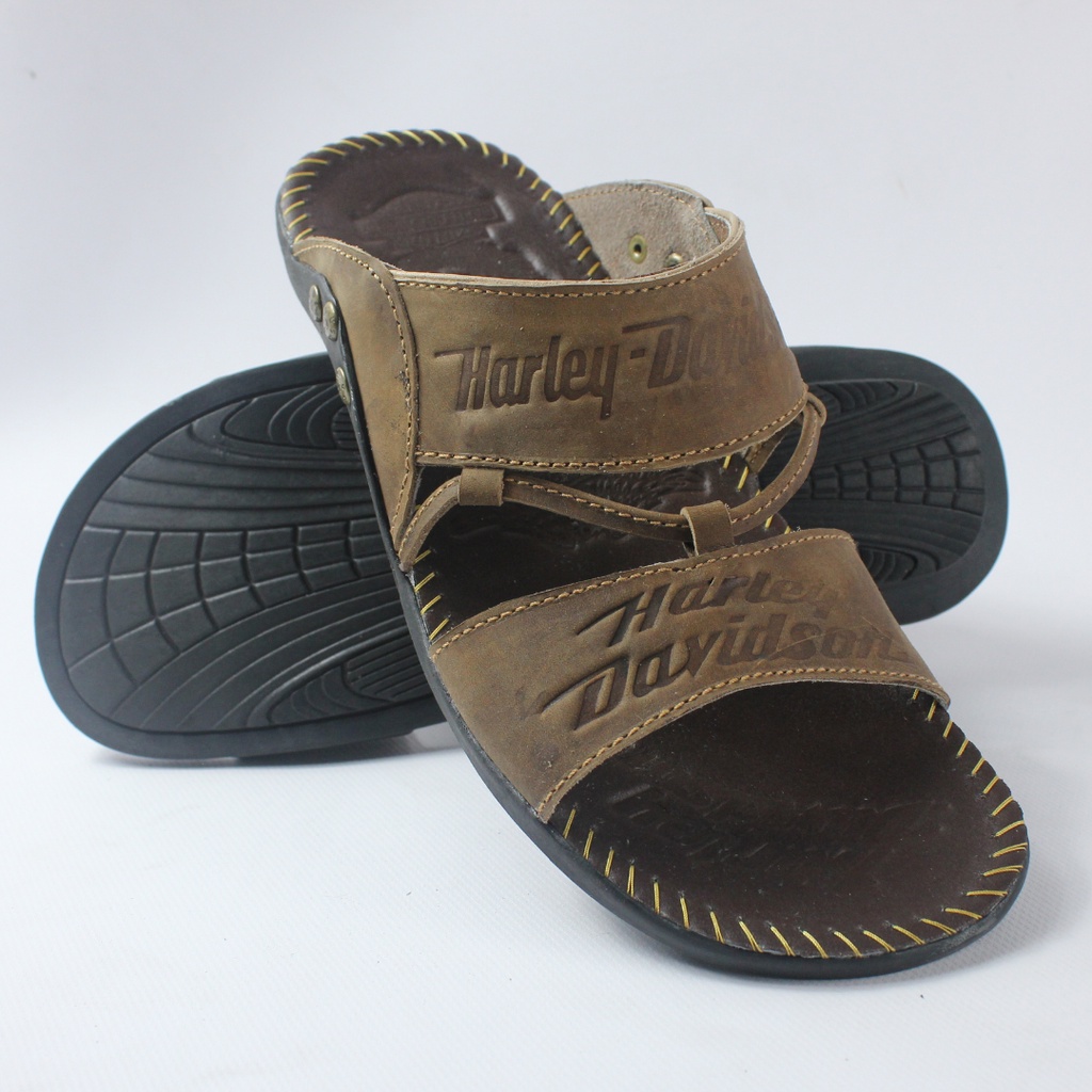 Sandal Kulit Asli Harley Davidson Full Up Sendal Kulit Asli Pria Sandal Slop Casual / Sendal Jepit Cowok Slide Herley Kulit Gosok - SH03-Coklat