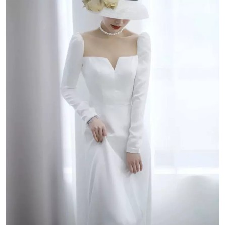 New Bride Dress Satin Long Full Sleeves Square Collar Korean Elegant Vintage Simple Wedding Gown