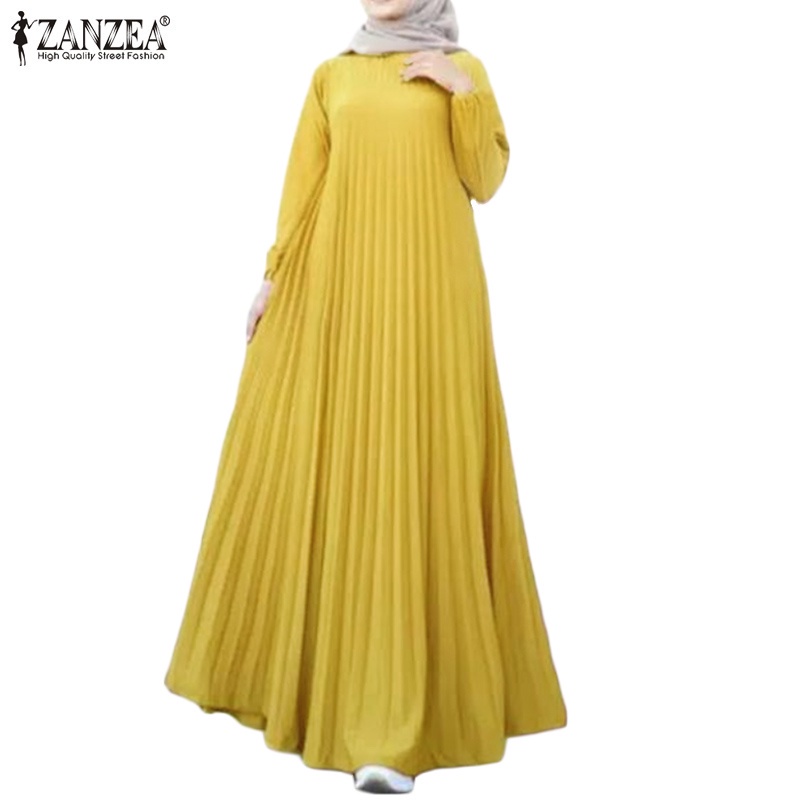 ZANZEA Women Casual Loose Plain Crew Neck Pleated Muslim Hem Maxi Dress