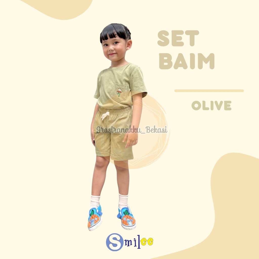 Setelan Anak Unisex Baim Smilee Warna Olive Size 1-5 Tahun