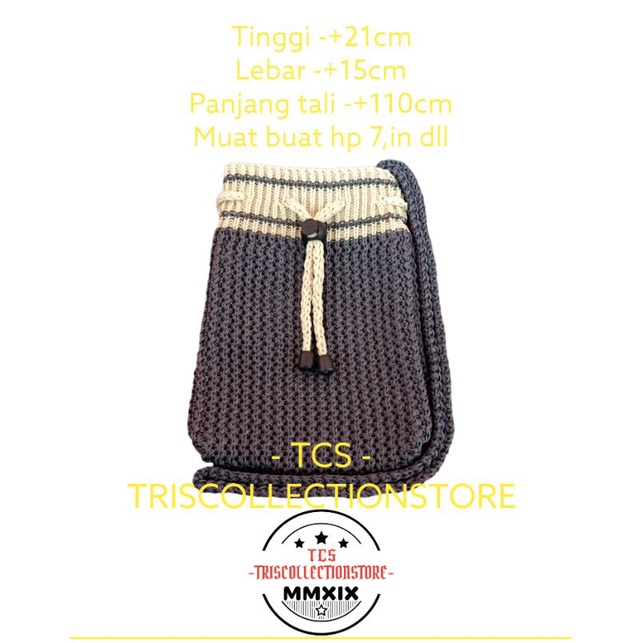 Promo tas rajut selempang wanita model serut buat hp dll, kekinian, viral, abu abu, (serut strip, ga