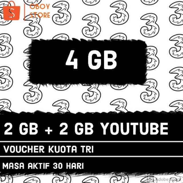Voucher Kuota data internet 3 tri 2 Gb + 2 Gb YouTube 30 hari