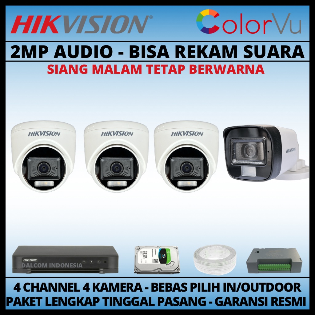 PAKET CCTV HIKVISION COLORVU 2MP 4 CHANNEL 4 KAMERA COLORFUL