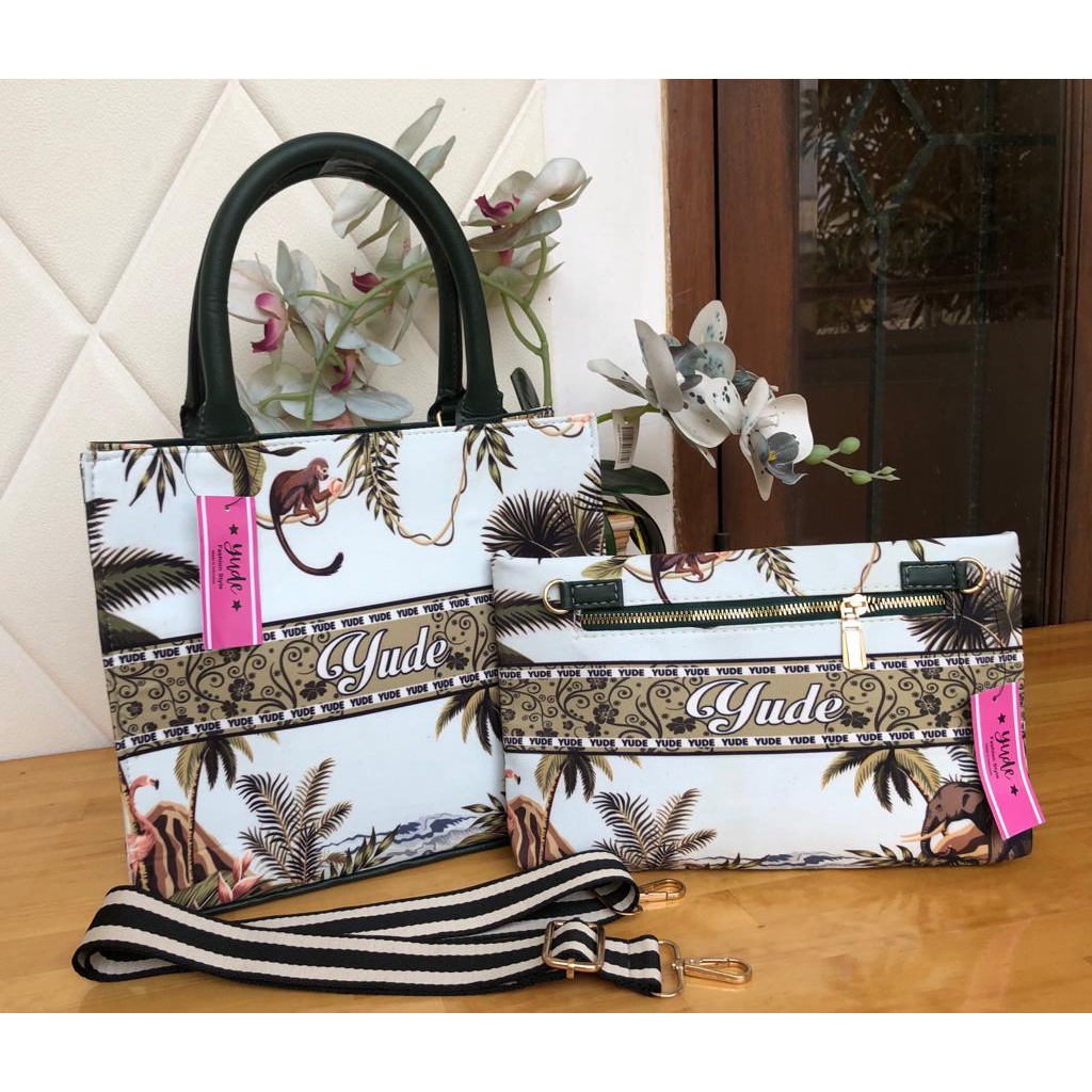 TAS PAKET 2 IN 1 / TOTE BAG DAN DOMPET CLUTCH WANITA KANVAS FASHION KEKINIAN / TAS MURAH CEWE