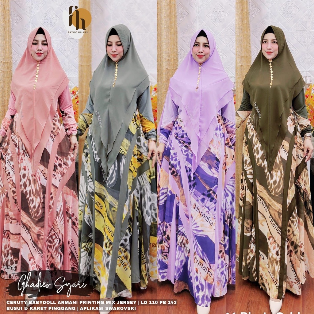 Ghadies set syar"i ori brand Humaira Ld. 110cm Pb. 143cm bahan Ceruty babydoll armany printing || bu