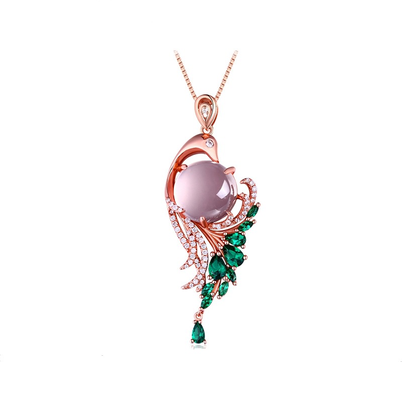 [Ready Stock]Fashion Inlaid Ross Quartz Necklace Pink Crystal Peacock Pendant