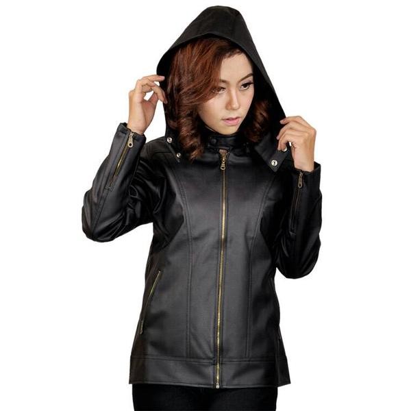Jaket Kulit Sintetis Wanita Hoodie