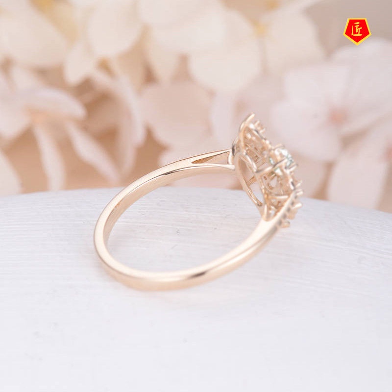 [Ready Stock]8K Gold Diamond Studded Hollow Flower Ring 925 Silver