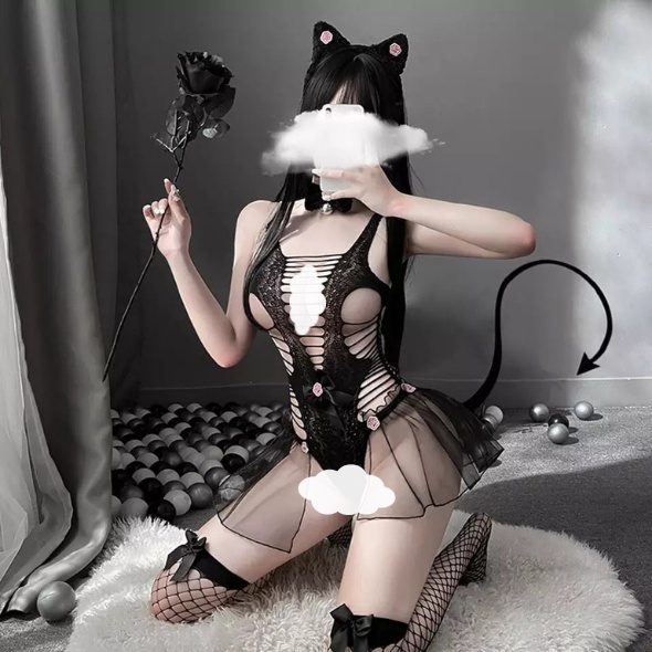 Ɛѵҽ Lingerie Seksi Wanita Pakaian Erotis Cosplay Kucing Set Renda Coquettish Kitten  Stoking Jaring Bodysuit 1204