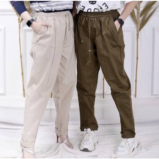 BAGGY PANTS FULL KARET PINGGANG JUMBO 70 KG / CELANA AMERICAN DRILL - Hitam, XXL