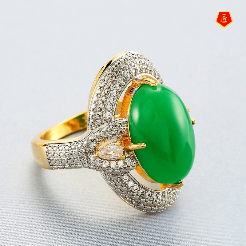 [Ready Stock]18K Gold Color Separation Inlaid Green Chalcedony Full Diamond Ring Luxury Elegant