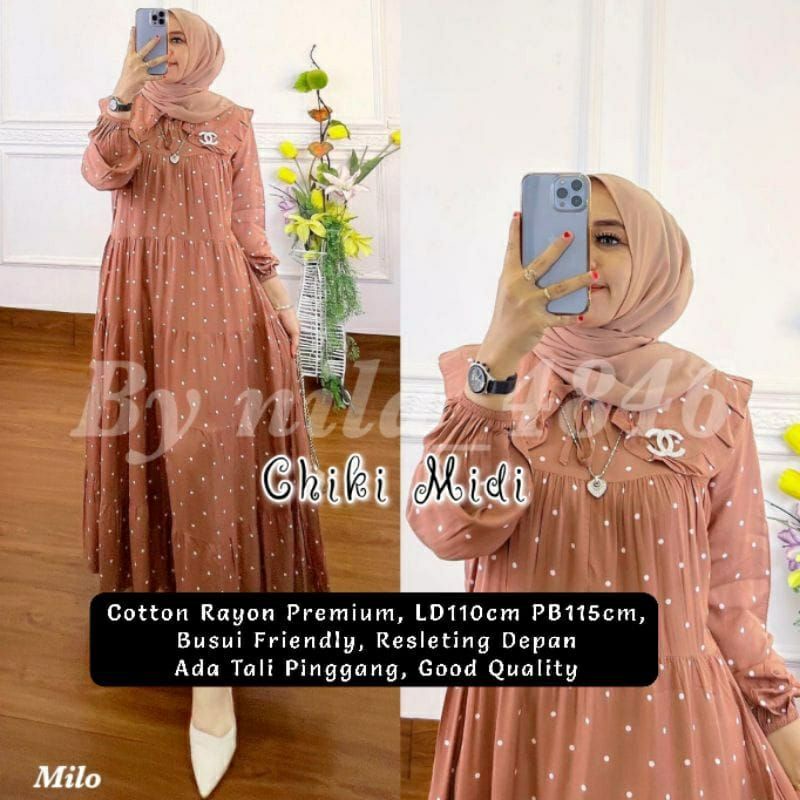 Gamis Midi Dress Muslim Rayon Motif Polkadot Busui