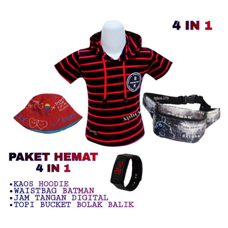 [BIG SALE ]PAKET KOMPLIT SETELAN ANAK 4 IN 1 KAOS HOODIE_WAISTBAG_TOPI_JAM DIGITAL MOTIF BATMAN