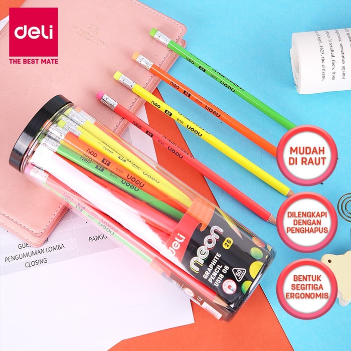 

Deli EU51806 Grafit Pensil Kayu 50 Pcs/Tube 4 Warna dengan penghapus promo