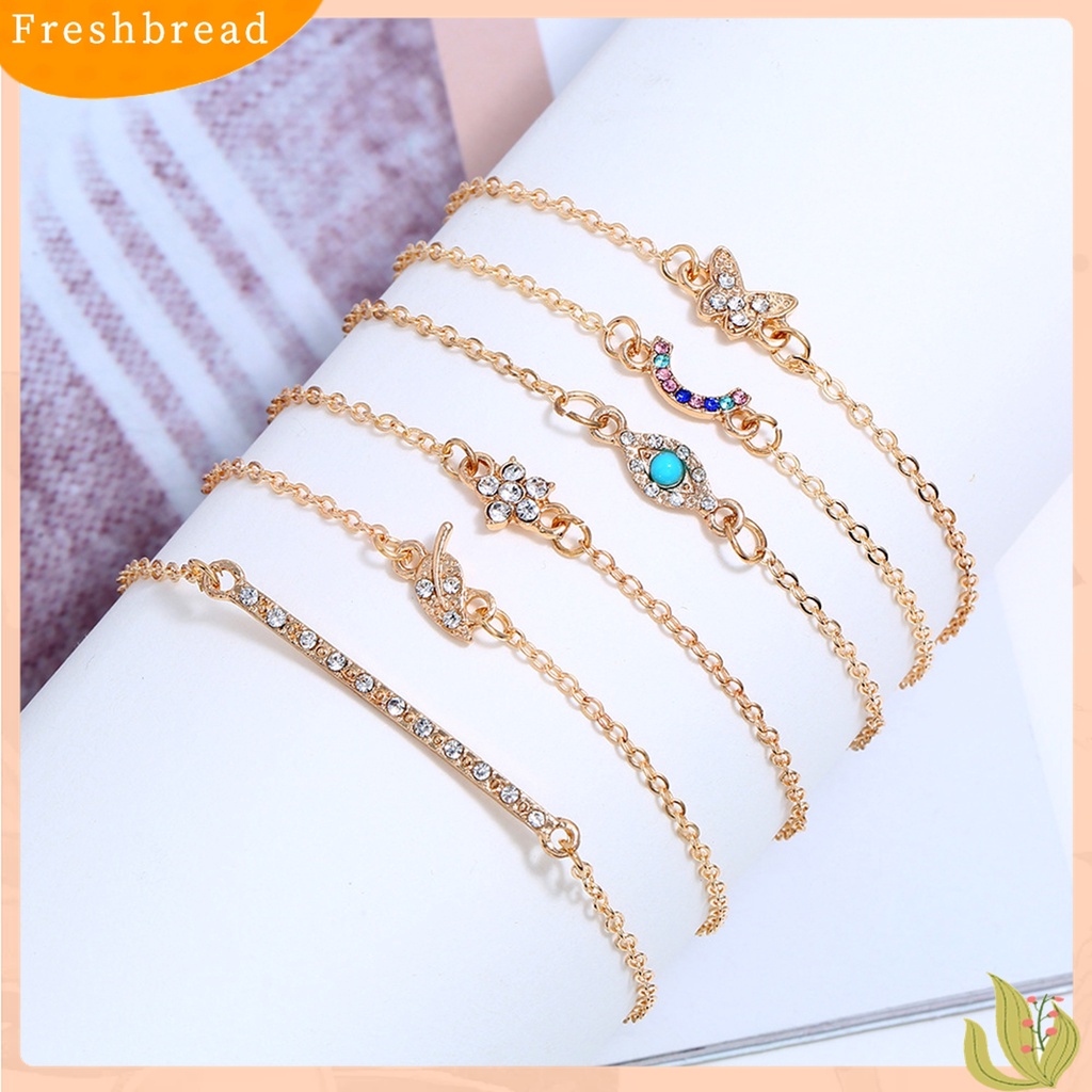 [Fresh] 6Pcs / Set Gelang Bangle Aksen Bunga + Kupu-Kupu + Berlian Imitasi untuk Wanita