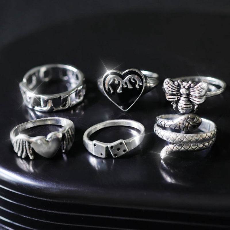 Fancyqube 6pcs Cincin Desain Hati Api Ular Lebah Warna Silver Gaya Punk Untuk Wanita