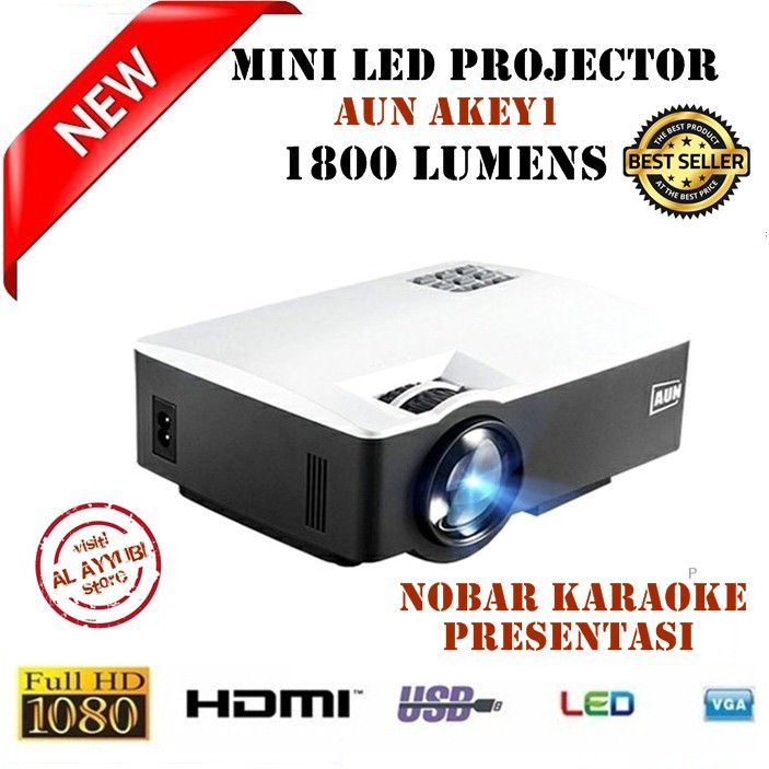 Mini Proyektor AUN AKEY1 Projector 1080P 1800 Lumens 1080P USB HDMI VGA SD Card AV vs cheerlux c6