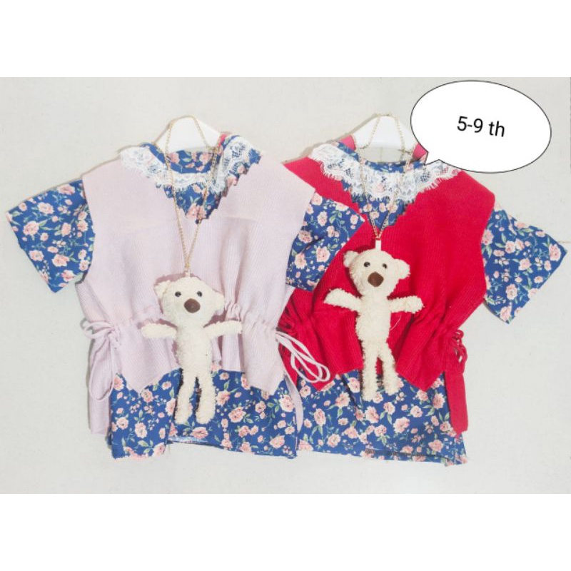 KAOS VEST RAJUT 3 IN 1 IMPORT ATASAN ANAK FREE TAS TEDDY SIZE 5 - 9 TAHUN
