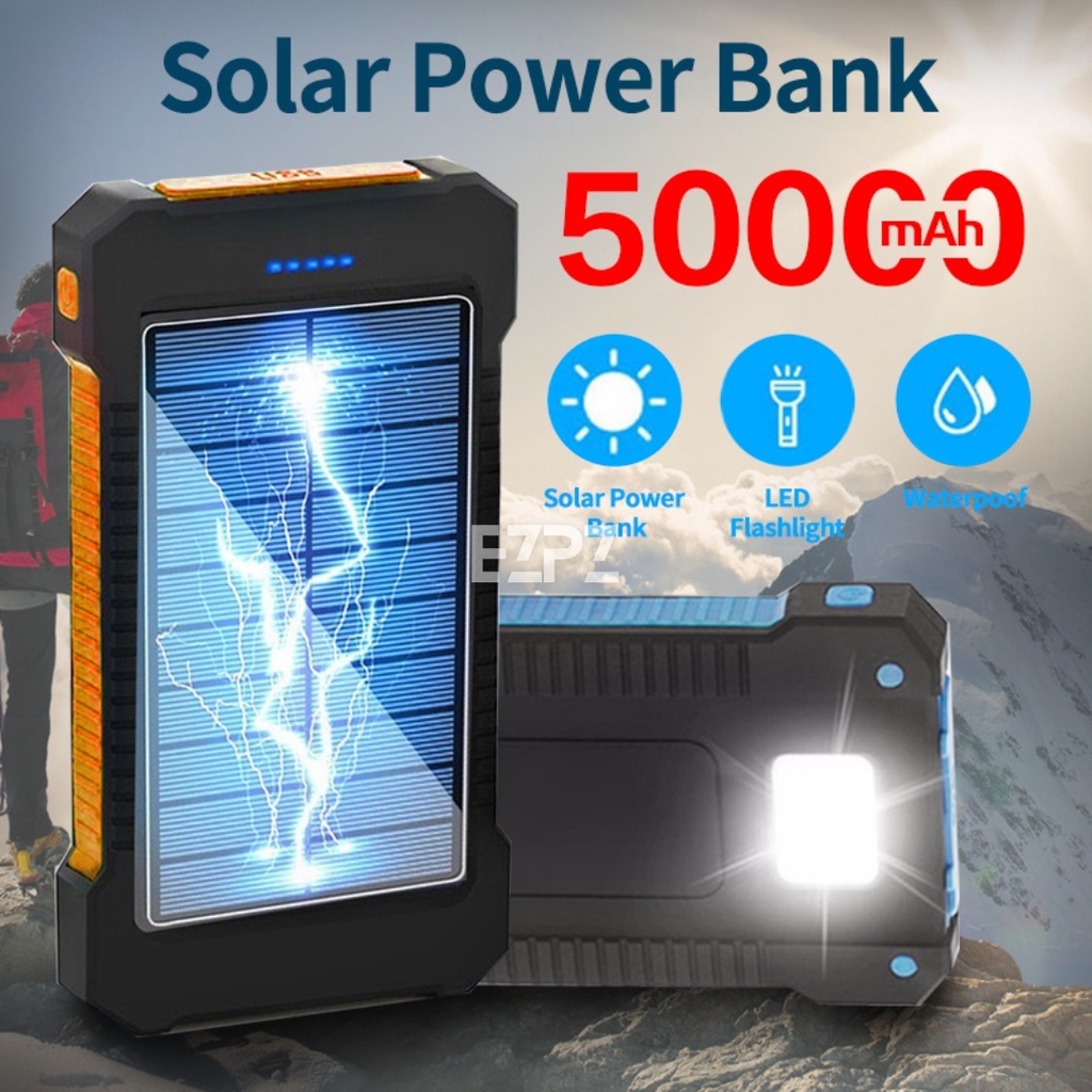 EZPZ 50000 mAh Powerbank Solar Cell Tenaga Matahari Dual USB Flashlight Daya Ponsel