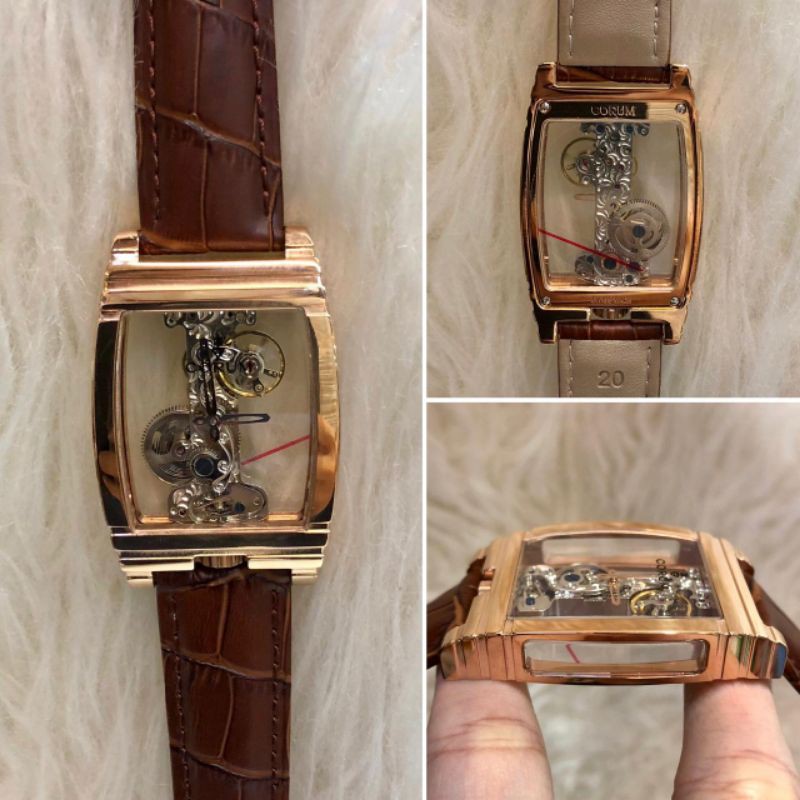 JAM TANGAN CORUM BRIDGE MANUAL WINDING ROSE GOLD BROWN AUTOMATIC JAPAN DIAMETER 3,5CM