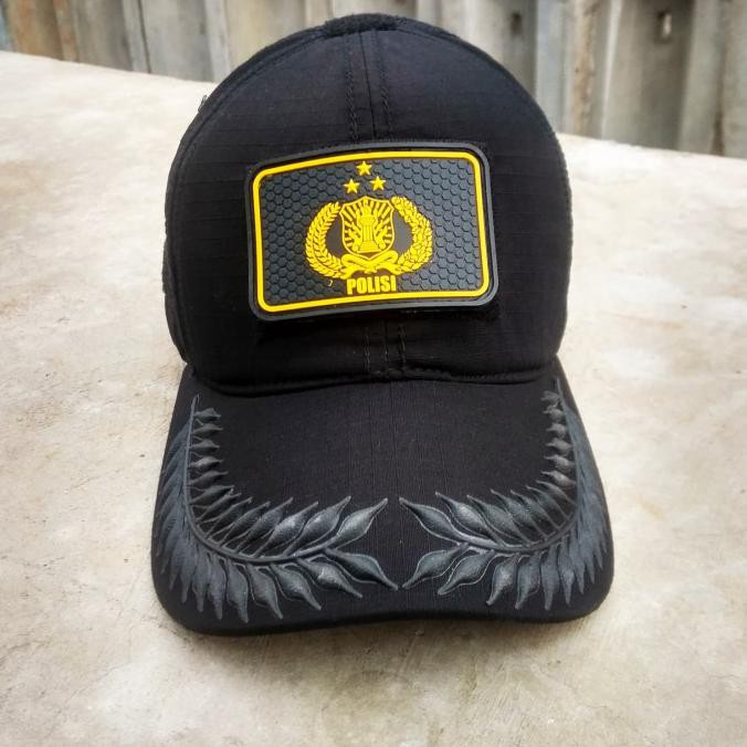 Hemat Topi Velcro Pamen Polisi Hitam Bonus Patch Rubber Limited