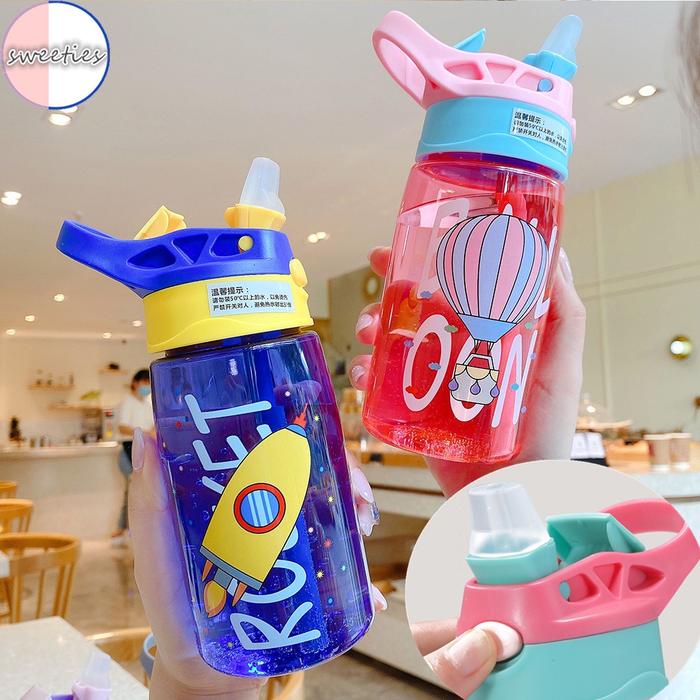 Botol Air Minum Portable Motif Kartun Bahan Plastik Kapasitas 480ml Dengan Sedotan Untuk Anak