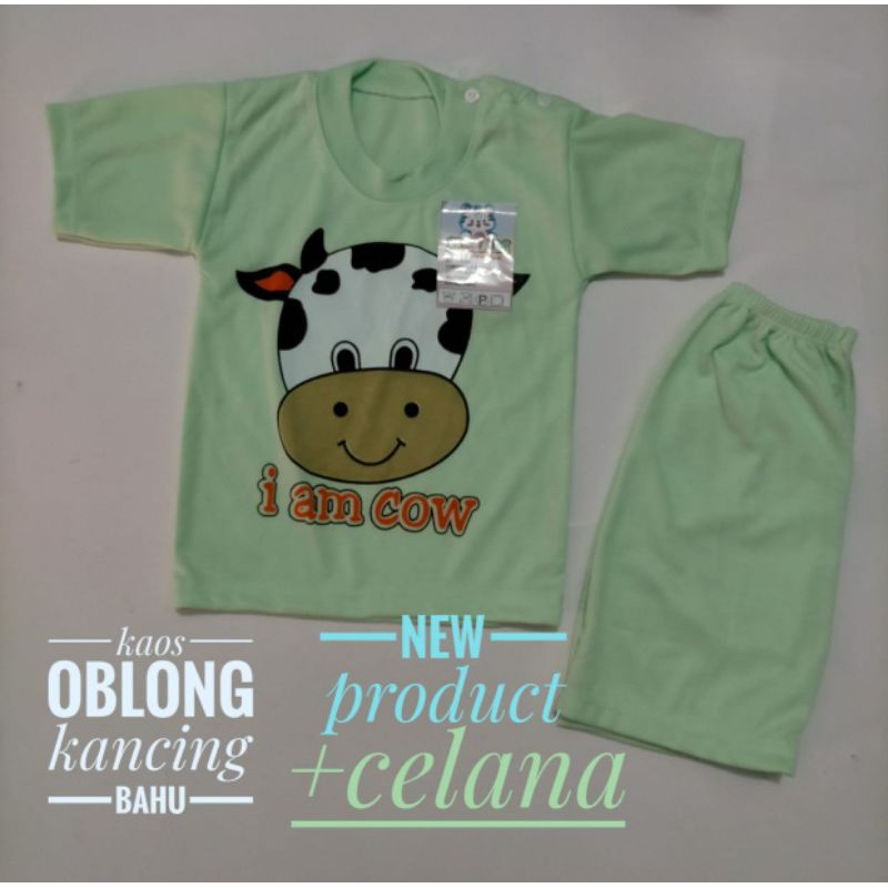 Baju celana bayi setelan kaos oblong kancing bahu tangan pendek warna