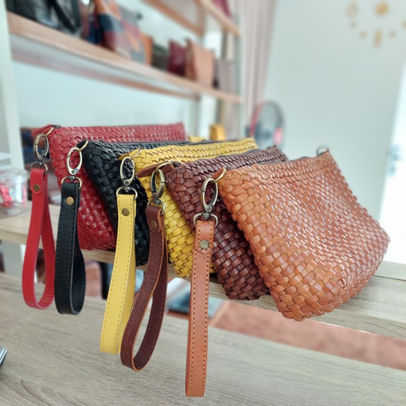 Tas Kulit Asli Pouch Anyam + Tali Panjang Kulit Asli
