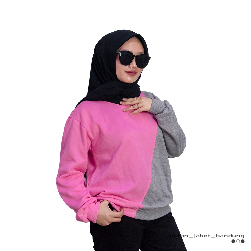 Slash Sweatshirt Kombinasi PINK-ABU || SWEATER  CRAWNECK BASIC WANITA FASHIONABLE