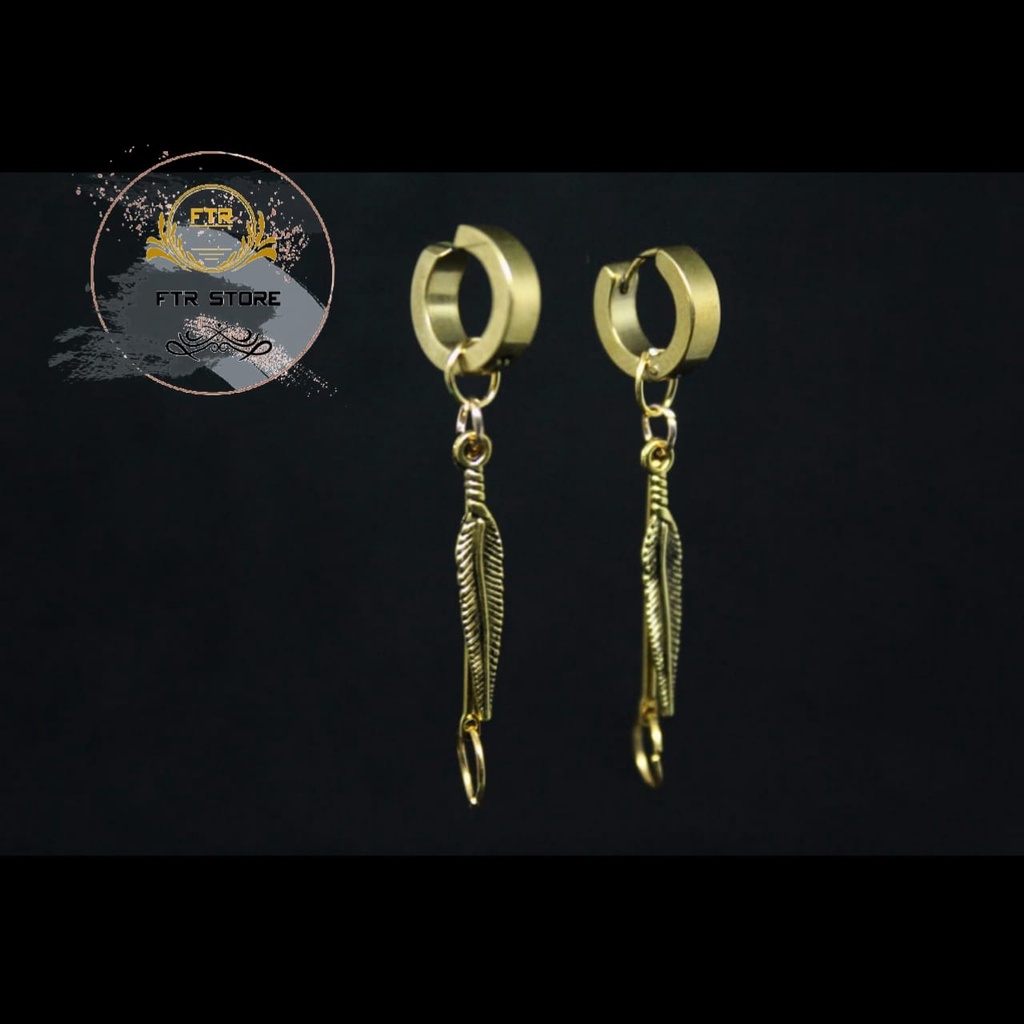 Anting bulu gold/ anting daun lurus batang gold / anting pria korea