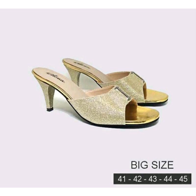 TOP Quality Sepatu Heels 7Cm Hak Chunky Big Size 41-45 Higheels SLOP Gold JUMBO Sendal Heels EMAS Size Besar Pesta Mewah ORI, 44