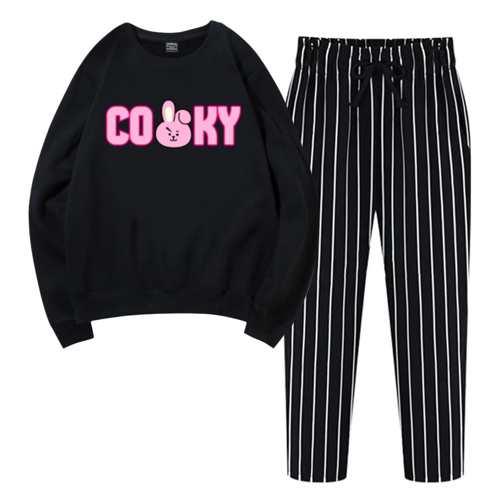 BESS - Baju Setelan Wanita Murah / Setelan Sweater + Celana Salur Hitam - CUKY FONT