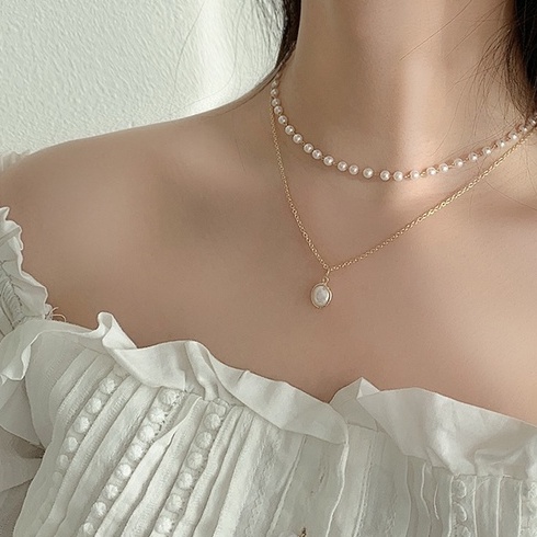 Kalung Rantai Klavikula Hias Mutiara Ganda Bahan Logam Gaya Korea Untuk Wanita