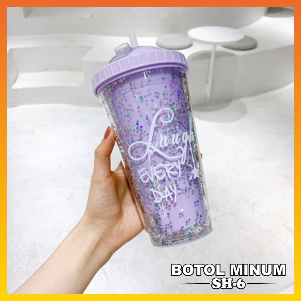 Botol Minum Tumbler Glitter Botol Minum + Sedotan Botol Minum 450ML Tumbler Karakter Murah  WHFUNITURE