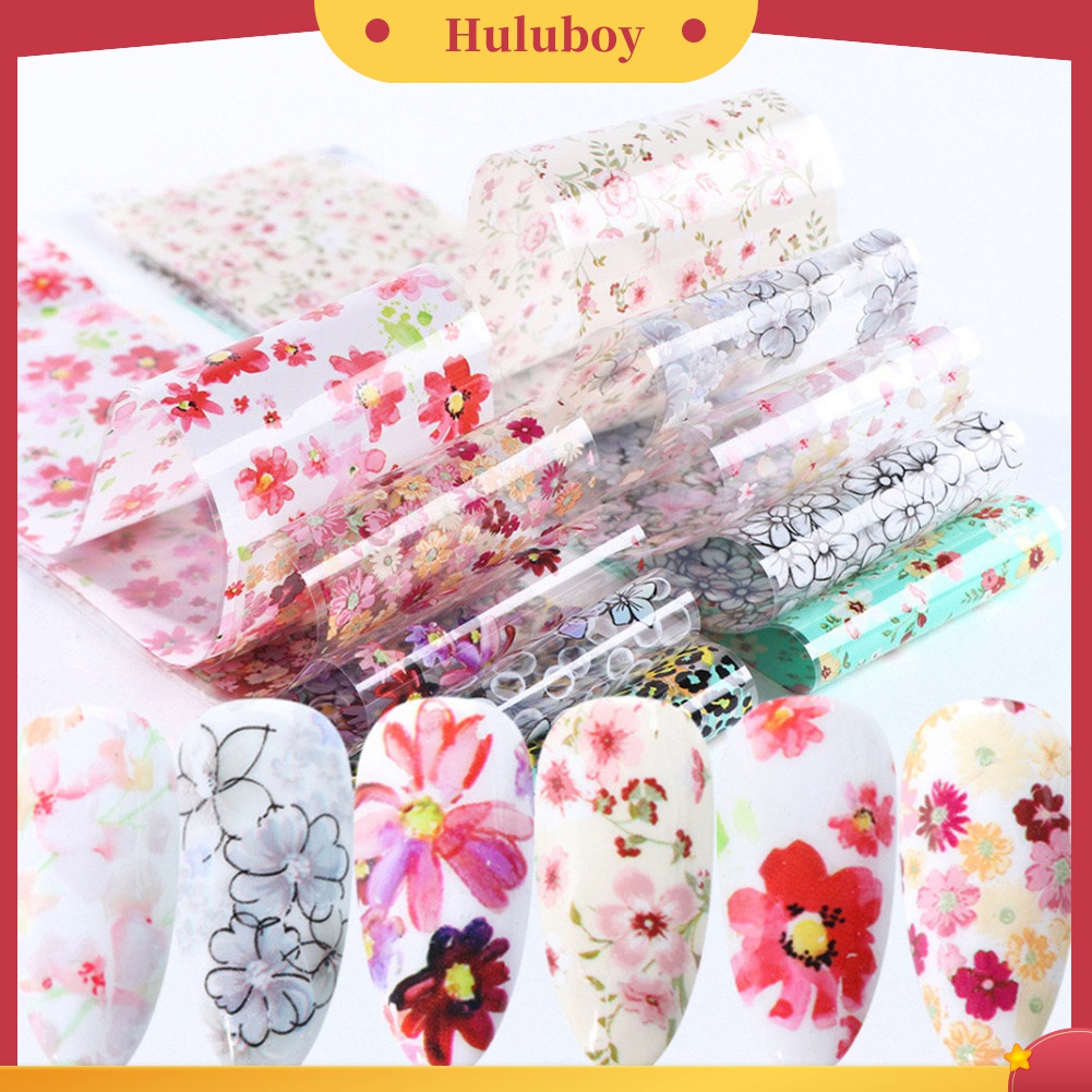 Huluboy Huluboy♡ 10 Lembar Stiker Kuku Motif Print Bunga Untuk Dekorasi Manicure