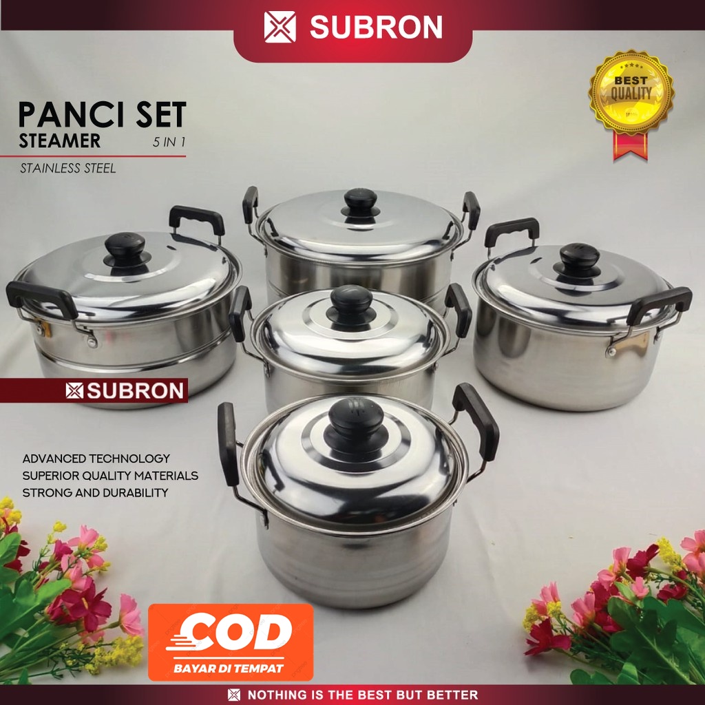 (COD) SUBRON Panci Set 5 IN 1 Panci Sup Kukus Stainless Steamer Soup pot / Panci Set 12 Pieces With 