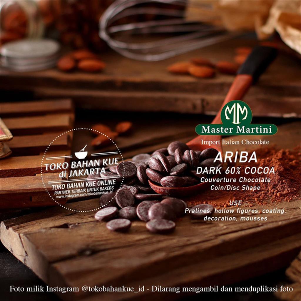 

Master Martini ARIBA 60% Dark Chocolate Couverture Repack 500gr Cokelat Cake