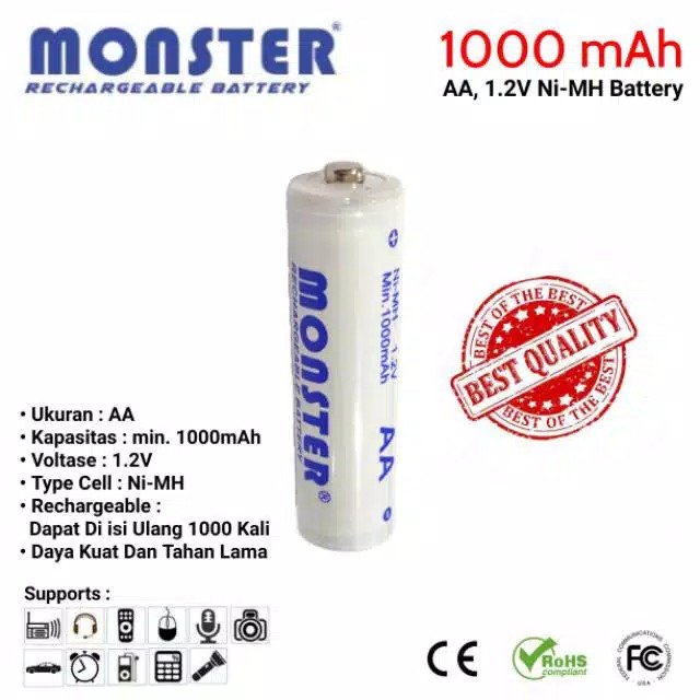 Baterai AA Cas Ulang 1000mAh 1.2v MONSTER - Batre A2 Rechargeable