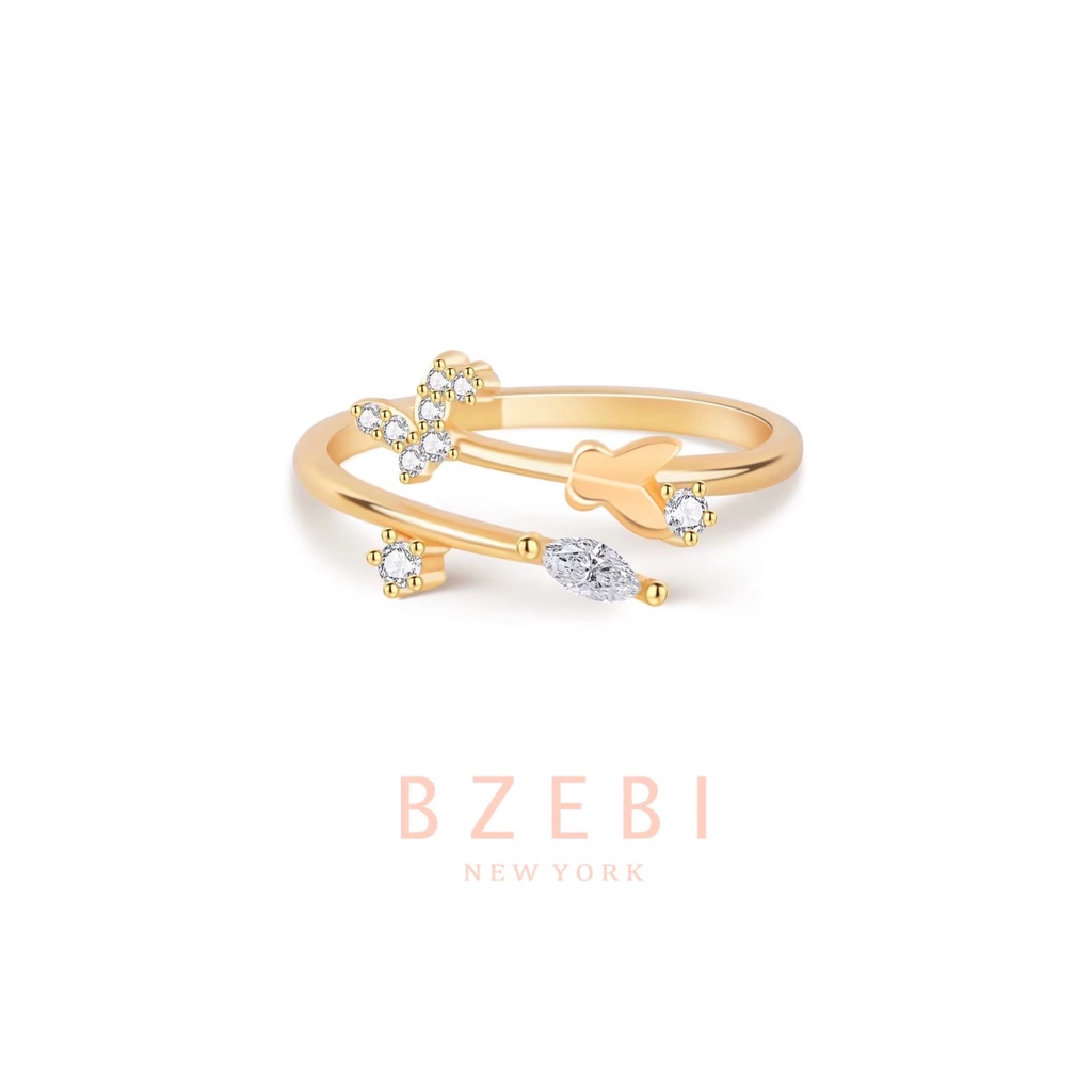 Bzebi Cincin Terbuka Adjustable Model Kupukupu Lapis Emas Dengan Batu Zircon 26r Untuk Wanita