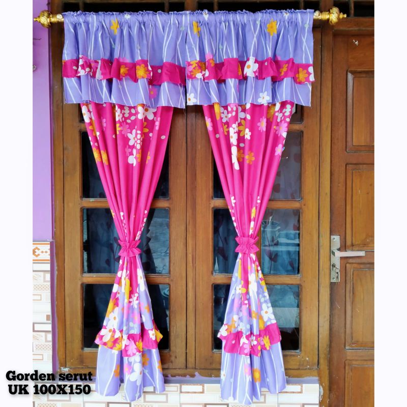 Gorden Serut Jendela Murah Motif Bunga pink ungu